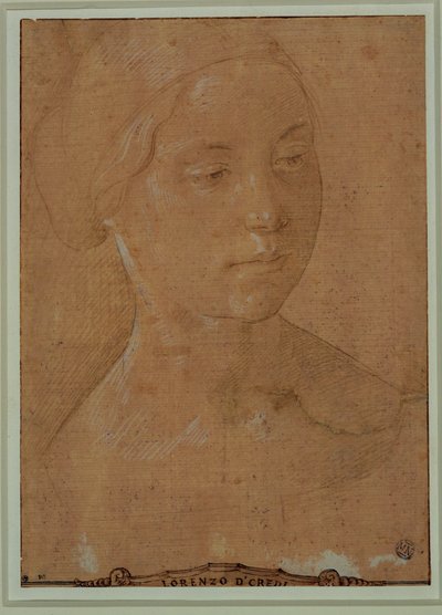 Portret kobiety, twarz w trzech czwartych, włosy spięte siatką ... autorstwa Lorenzo di Credi
