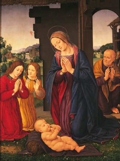 Adoracja Dzieciątka i Aniołów, Lorenzo di Credi (1459-1536), tempera na płótnie autorstwa Lorenzo di Credi