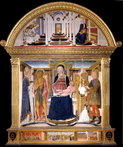 Madonna z Dzieciątkiem i św. Błażejem, Janem Chrzcicielem, Mikołajem i Florianem. Zwiastowanie, 1462 autorstwa Lorenzo di Pietro