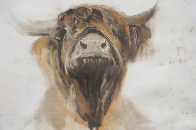 Święta Krowa,2016,(olej na zaprawie na papierze) autorstwa Lou Gibbs