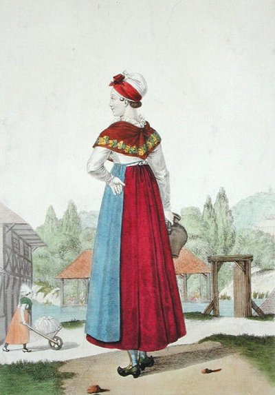 Tradycyjny strój Lisieux, rytowany przez Gatine ok. 1820 (kolor grawerowany) autorstwa Louis-Marie (after) Lante