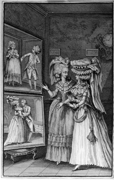 Ilustracja Louisa Bineta (1744-1800) do książki Nicolasa Edme Restifa de La Bretonne „”Les Parisiennes”” lub XL General Characters Taken in the Modern Moors, nadająca się do służenia l’instrukcji des Person-du-Sexe, zaczerpnięte ze wspomnień nowego Lycee d autorstwa Louis (after) Binet