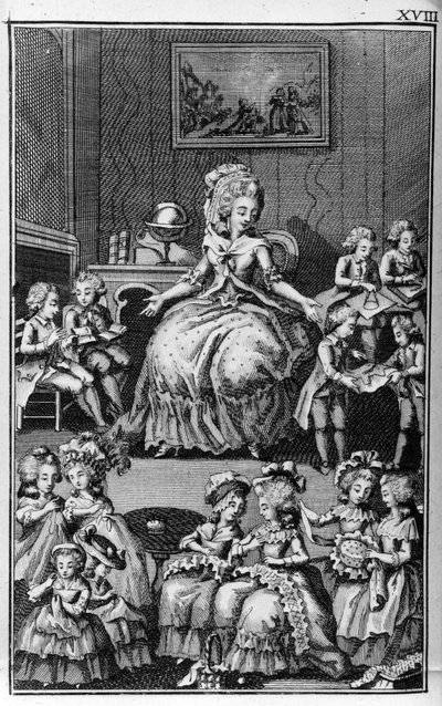 Ilustracja Louisa Bineta (1744-1800) do książki Nicolasa Edme Restifa de La Bretonne „”Les Parisiennes”” lub XL General Characters Taken in the Modern Moors, nadająca się do służenia l’instrukcji des Person-du-Sexe, zaczerpnięte ze wspomnień nowego Lycee d autorstwa Louis (after) Binet