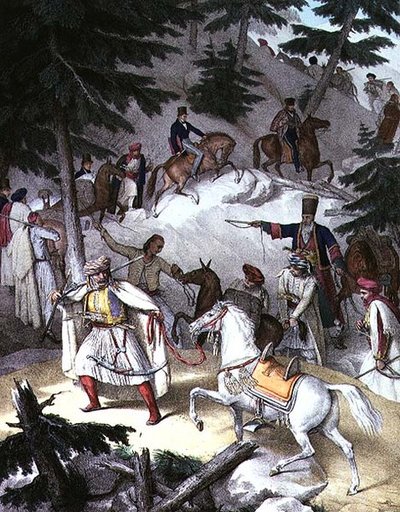 Rejs do Aten i Konstantynopola: Le Pinde, przeprawa z Janiny do Tricala (lito) autorstwa Louis (after) Dupre