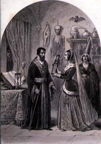 Klient odwiedza czarownika, grawerowane przez Philiberta Langloisa (fl.c.1834-9) (grafika) autorstwa Louis (after) Marckl