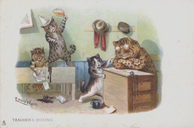 Koty w klasie: nauczyciel drzemie, więc uczniowie źle się zachowują (chromolitho) autorstwa Louis (after) Wain