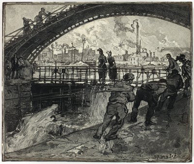 Woodblock dla śluzy kanału Saint-Martin autorstwa Louis Auguste Lepère