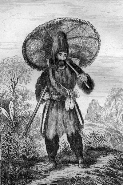 Miałem na sobie kapelusz wysokiego wzrostu... grawerowanie według rysunku M. de Sainsona do Księgi Daniela Defoe (De foe) „Robinson Crusoe”” wydanie francuskie z 1837 r. autorstwa Louis Auguste de Sainson