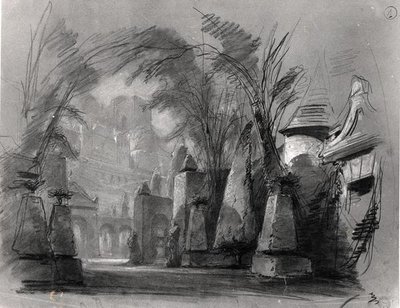 Scenografia do „Les Burgraves” (1843) autorstwa Victora Hugo (1802-85) (ołówek ? na papierze) (zdjęcie czarno-białe) autorstwa Louis Boulanger