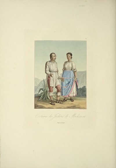 Kostiumy Indian Mechoacan, ilustracja z „Widoków Kordylierów i pomników ludów tubylczych Ameryki” autorstwa Alexandra von Humboldta i Aime Bonplanda autorstwa Louis Bouquet