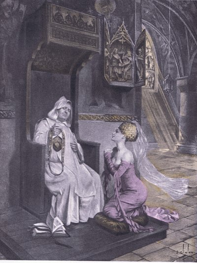Dama i mnich, ilustracja z Dekameronu Boccaccio wydana przez Towarzystwo Nawarry, lata 30. (lito) autorstwa Louis Chalon
