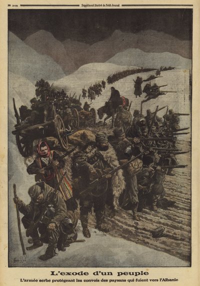 Exodus ludu: armia serbska chroniąca kolumnę chłopów uciekających do Albanii, I wojna światowa autorstwa Louis Charles (after) Bombled