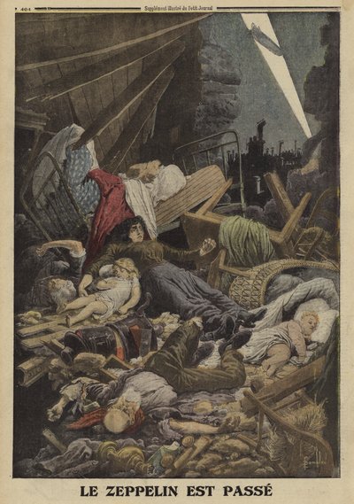 Rodzina zabita w nalocie bombowym niemieckiego Zeppelina, I wojna światowa, 1916 (kolor lito) autorstwa Louis Charles (after) Bombled