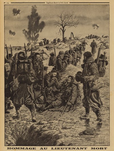 Francuscy żołnierze oddający hołd porucznikowi zabitemu w akcji, I wojna światowa autorstwa Louis Charles (after) Bombled