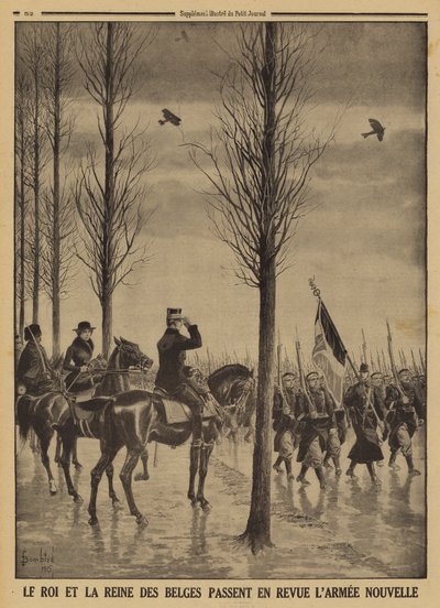 Król Albert I i królowa Elżbieta Belgów przegląd ich nowej armii, I wojny światowej autorstwa Louis Charles (after) Bombled