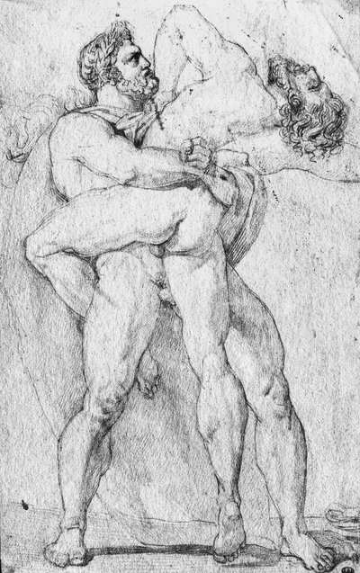 Herkules dusi Anteusza (grafitowy ołówek na papierze) autorstwa Louis Charles Auguste Couder