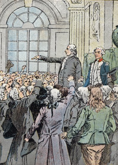Rewolucja Francuska: „” Zastępca Jean Sylvain Bailly (1736-1793) został wybrany na burmistrza Paryża 15.07.1789 w obecności La Fayette”” (Przywódca polityczny Jean-Sylvain Bailly wybrany na burmistrza Paryża 15 lipca 1789) Ilustracja Louisa Charlesa B autorstwa Louis Charles Bombled
