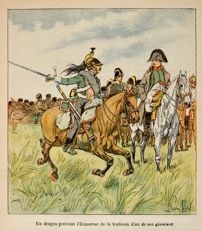 Ilustracja Bombled Louis (1862-1927) z hrabiego Emmanuela de Las Cases (1766-1842): smok ostrzega cesarza przed zdradą jednego z jego generałów w bitwie pod Waterloo w czerwcu 1815 r., Kolekcja prywatna autorstwa Louis Charles Bombled