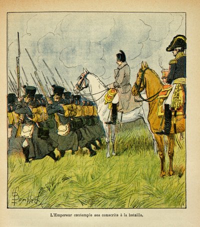 Ilustracja Bombled Louis (1862-1927) z książki „Memoriał św. Heleny” hrabiego Emmanuela de Las Cases (1766-1842): Cesarz Napoleon kontempluje swoich poborowych podczas bitwy, Kolekcja prywatna autorstwa Louis Charles Bombled