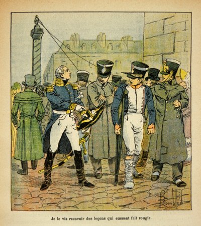 Ilustracja autorstwa Bombled Louisa (1862-1927) z książki „Memoriał św. Heleny” hrabiego Emmanuela de Las Cases (1766-1842): Były oficer Napoleona, w trakcie renowacji, wzywa byłych poborowych do odrzucenia reżimu cesarskiego, Kolekcja częściowa autorstwa Louis Charles Bombled