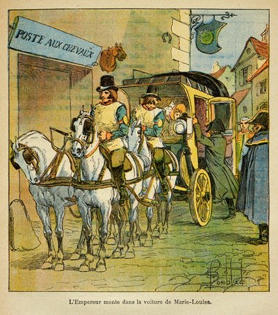 Ilustracja Bombled Louis (1862-1927) z książki „Memoriał św. Heleny” hrabiego Emmanuela de Las Cases (1766-1842): Cesarz Napoleon jedzie samochodem na spotkanie ze swoją żoną Marie Louise w 1810 r., Kolekcja prywatna autorstwa Louis Charles Bombled