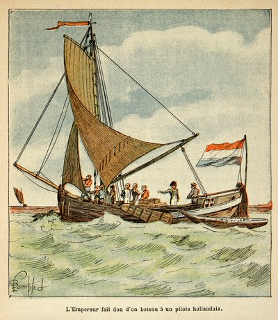 Ilustracja Bombled Louis (1862-1927) z książki „Memoriał św. Heleny” hrabiego Emmanuela de Las Cases (1766-1842): Napoleon podarował łódź holenderskiemu pilotowi podczas jego wizyty w Holandii autorstwa Louis Charles Bombled