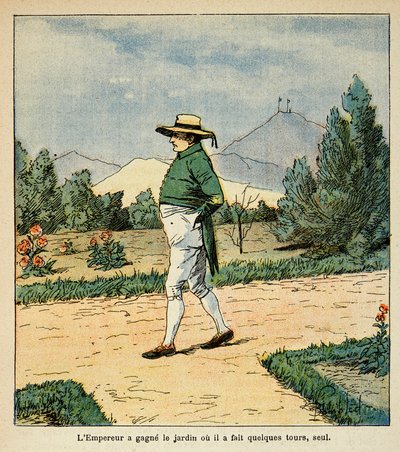 Ilustracja Bombled Louis (1862-1927) z książki „Memoriał św. Heleny” hrabiego Emmanuela de Las Cases (1766-1842): Cesarz Napoleon przechadza się po swoim ogrodzie na St. Helene we wrześniu 1816 r., kolekcja prywatna autorstwa Louis Charles Bombled