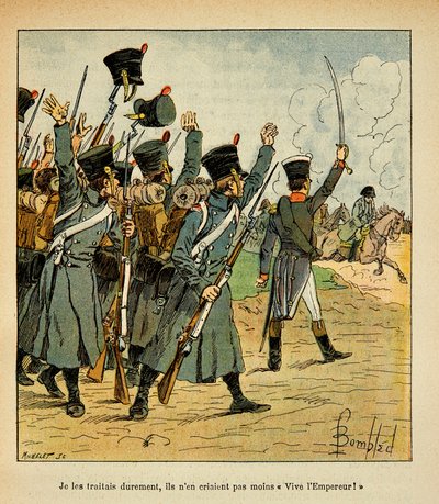 Ilustracja autorstwa Bombled Louis (1862-1927) z książki „Memoriał św. Heleny” hrabiego Emmanuela de Las Cases (1766-1842): The Troops Acclaim Emperor Napoleon, Private Collection autorstwa Louis Charles Bombled