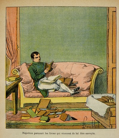 Ilustracja autorstwa Bombled Louis (1862-1927) z książki „Memoriał św. Heleny” hrabiego Emmanuela de Las Cases (1766-1842): Cesarz Napoleon podróżuje po książkach, które właśnie zostały wysłane do St. autorstwa Louis Charles Bombled