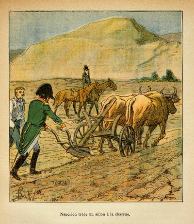 Ilustracja autorstwa Bombled Louis (1862-1927) z książki hrabiego Emmanuel de Las Cases „Memoriał św. Heleny” (1766-1842): W St. Helene cesarz Napoleon kreśli bruzdę pługa, kolekcja prywatna autorstwa Louis Charles Bombled