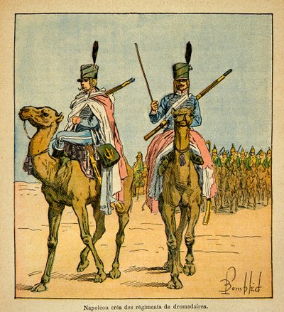 Ilustracja Bombled Louis (1862-1927) z książki „Memoriał św. Heleny” hrabiego Emmanuela de Las Cases (1766-1842): Podczas kampanii egipskiej Napoleon Bonaparte stworzył pułki wielbłądów, kolekcja prywatna autorstwa Louis Charles Bombled