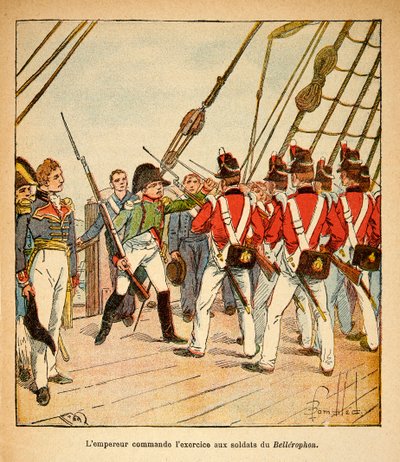 Ilustracja autorstwa Bombled Louis (1862-1927) z książki „Memoriał św. Heleny” hrabiego Emmanuela de Las Cases (1766-1842): Cesarz Napoleon dowodzi ćwiczeniami dla angielskich żołnierzy na pokładzie Bellerophon, kolekcja prywatna autorstwa Louis Charles Bombled