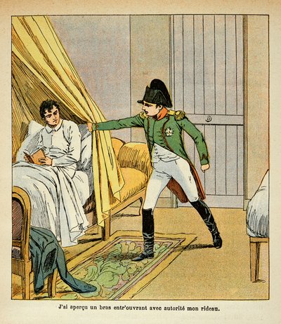 Ilustracja autorstwa Bombleda Louisa (1862-1927) z książki "The Memorial of Saint Helene" hrabiego Emmanuela de Las Cases (1766-1842): Napoleon budzi Las Casesa w łóżku w St. Helene, kolekcja prywatna autorstwa Louis Charles Bombled