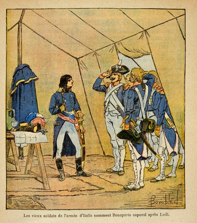 Ilustracja Bombled Louis (1862-1927) z książki „Memoriał św. Heleny” hrabiego Emmanuela de Las Cases (1766-1842): Dawni żołnierze armii włoskiej o imieniu kapral Bonaparte po bitwie pod Lodi w 1796 r., szeregowiec Kolekcja autorstwa Louis Charles Bombled