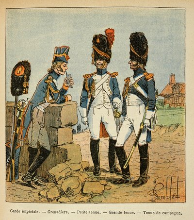 Ilustracja autorstwa Bombleda Louisa (1862-1927) z książki "Pamiątka Świętej Heleny" autorstwa hrabiego Emmanuela de Las Cases (1766-1842): Grenadierzy Gwardii Cesarskiej: Mały strój, duży strój i strój wiejski, Kolekcja prywatna autorstwa Louis Charles Bombled