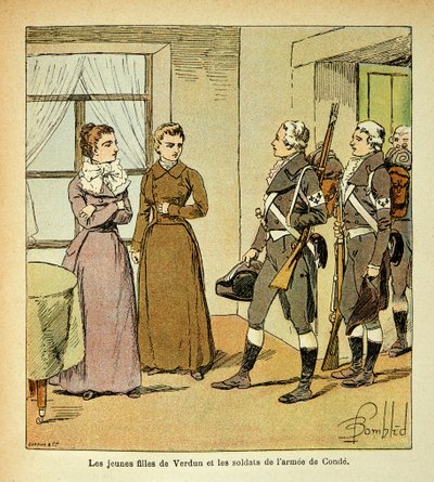 Ilustracja autorstwa Bombled Louis (1862-1927) z książki „Memoriał św. Heleny” hrabiego Emmanuela de Las Cases (1766-1842): Młode córki Verdun i żołnierze Armee of Conde (Armee des Emigrres), Prywatna kolekcja autorstwa Louis Charles Bombled