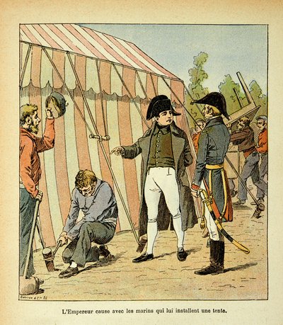 Ilustracja Bombled Louis (1862-1927) z książki „Memoriał św. Heleny” hrabiego Emmanuela de Las Cases (1766-1842): Cesarz Napoleon rozmawia z marynarzami, którzy ustawili dla niego namiot, kolekcja prywatna autorstwa Louis Charles Bombled