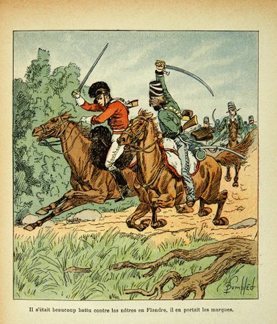 Ilustracja Bombled Louis (1862-1927) z książki „Memoriał św. Heleny” hrabiego Emmanuela de Las Cases (1766-1842): Walka między jeźdźcami francuskimi i angielskimi, zbiory prywatne autorstwa Louis Charles Bombled