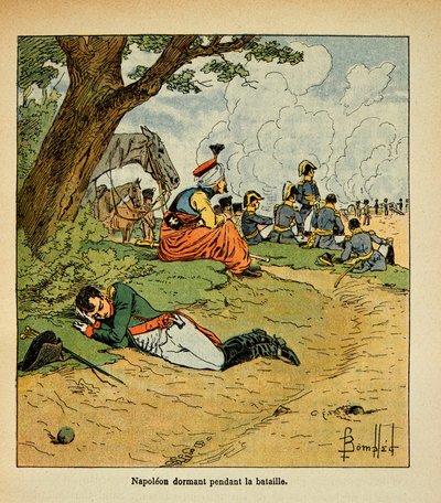 Ilustracja Bombled Louis (1862-1927) z książki „Memoriał św. Heleny” hrabiego Emmanuela de Las Cases (1766-1842): Cesarz Napoleon śpiący podczas bitwy, kolekcja prywatna autorstwa Louis Charles Bombled