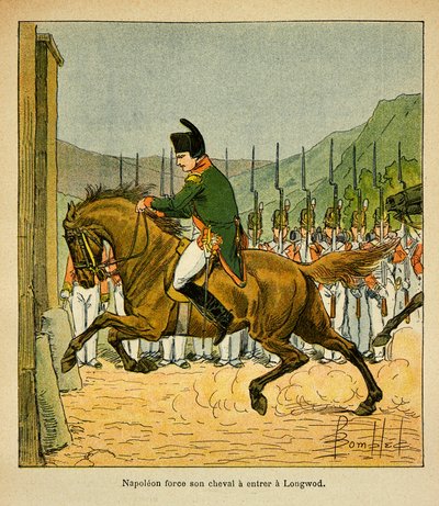 Ilustracja autorstwa Bombled Louisa (1862-1927) z książki „The Memorial of St. Helene” hrabiego Emmanuela de Las Cases (1766-1842): Cesarz Napoleon zmusza swojego konia do wjazdu do Longwood w St. Helene, kolekcja prywatna autorstwa Louis Charles Bombled