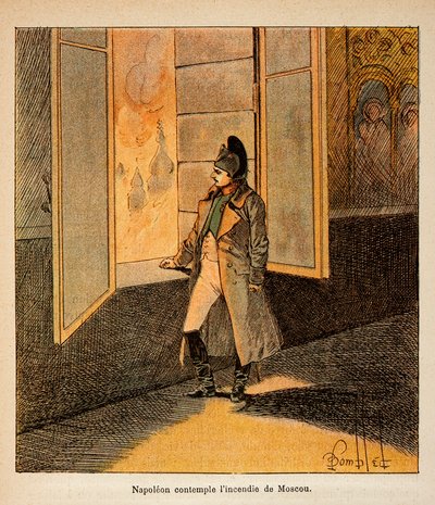 Ilustracja Bombled Louis (1862-1927) z książki „Pomnik św. Heleny” hrabiego Emmanuela de Las Cases (1766-1842): Cesarz Napoleon kontempluje pożar Moskwy we wrześniu 1812 r., zbiory prywatne autorstwa Louis Charles Bombled