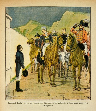 Ilustracja autorstwa Bombled Louisa (1862-1927) z książki „The Memorial of St. Helene” hrabiego Emmanuela de Las Cases (1766-1842): Admirał Taylor ze sztabem generalnym przedstawia się w Longwood na spotkanie z cesarzem Napoleonem, kolekcja prywatna autorstwa Louis Charles Bombled
