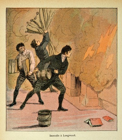 Ilustracja autorstwa Bombled Louis (1862-1927) z książki „The memorial se Sainte Helene” hrabiego Emmanuela de Las Cases (1766-1842): Fire a Longwood, Private Collection autorstwa Louis Charles Bombled