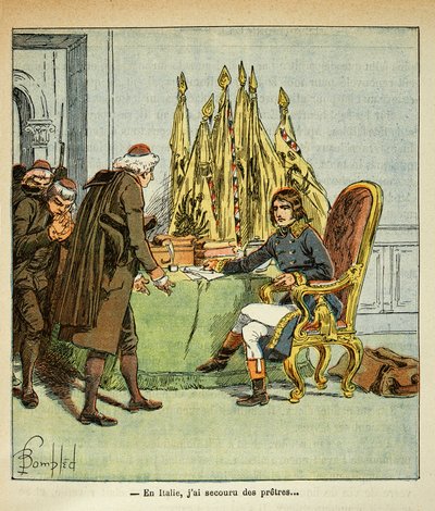 Ilustracja autorstwa Bombleda Louisa (1862-1927) z książki "The memorial se Sainte Helene" autorstwa hrabiego Emmanuela de Las Cases (1766-1842): Podczas kampanii włoskiej Bonaparte ratuje księży, Kolekcja prywatna autorstwa Louis Charles Bombled