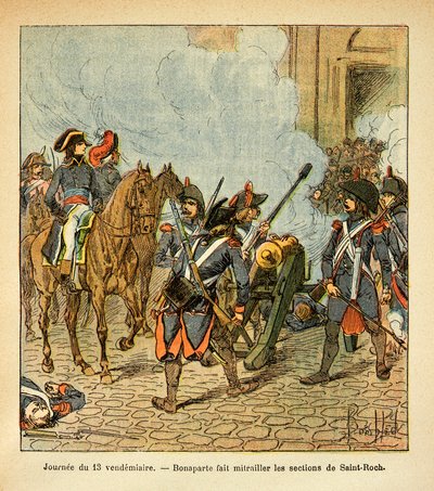 Ilustracja Bombled Louisa (1862-1927) z książki „The memorial se Sainte Helene” hrabiego Emmanuela de Las Cases (1766-1842): 13-tego piątku Bonaparte strzela z armaty do fragmentów świętego Rocha, Prywatna kolekcja autorstwa Louis Charles Bombled