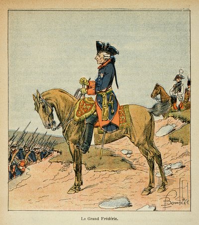 Ilustracja zbombardowanego Ludwika (1862-1927) z książki „The Memorial Se Sainte Helene” hrabiego Emmanuela de Las Cases (1766-1842): Portret jeździecki Fryderyka II pruskiego zwanego Wielkim Fryderykiem (1712-1786), szeregowiec Kolekcja autorstwa Louis Charles Bombled