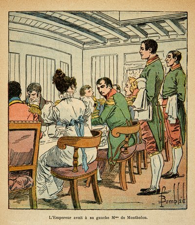 Ilustracja zbombardowanego Louisa (1862-1927) z książki „Memoriał Świętej Heleny” hrabiego Emmanuela de Las Cases (1766-1842): Kolacja cesarza Napoleona na pokładzie Northumberland w drodze do St. Helene z panią De Montholon po jej lewej, szeregowiec autorstwa Louis Charles Bombled