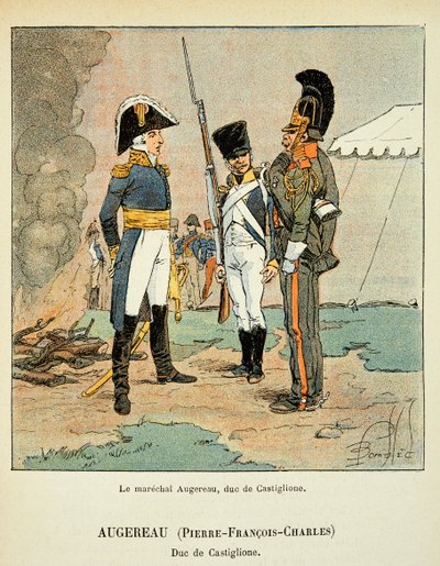 Ilustracja zbombardowanego Louisa (1862-1927) z książki „Memoriał św. Heleny” hrabiego Emmanuela de Las Cases (1766-1842): Le marechal Pierre Augereau (1757-1816), książę Castiglione, kolekcja prywatna autorstwa Louis Charles Bombled