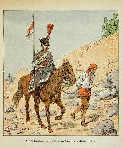 Ilustracja zbombardowanego Louisa (1862-1927) z książki „Memoriał św. Heleny” hrabiego Emmanuela de Las Cases (1766-1842): French Armee in Spain: Lancier gendarme 1811, kolekcja prywatna autorstwa Louis Charles Bombled