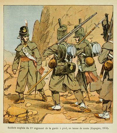 Ilustracja zbombardowanego Ludwika (1862-1927) z książki „Memoriał św. Heleny” hrabiego Emmanuela de Las Cases (1766-1842): Angielscy żołnierze 1. Pułku Gwardii na stoisku drogowym (Hiszpania 1814), zbiory prywatne autorstwa Louis Charles Bombled